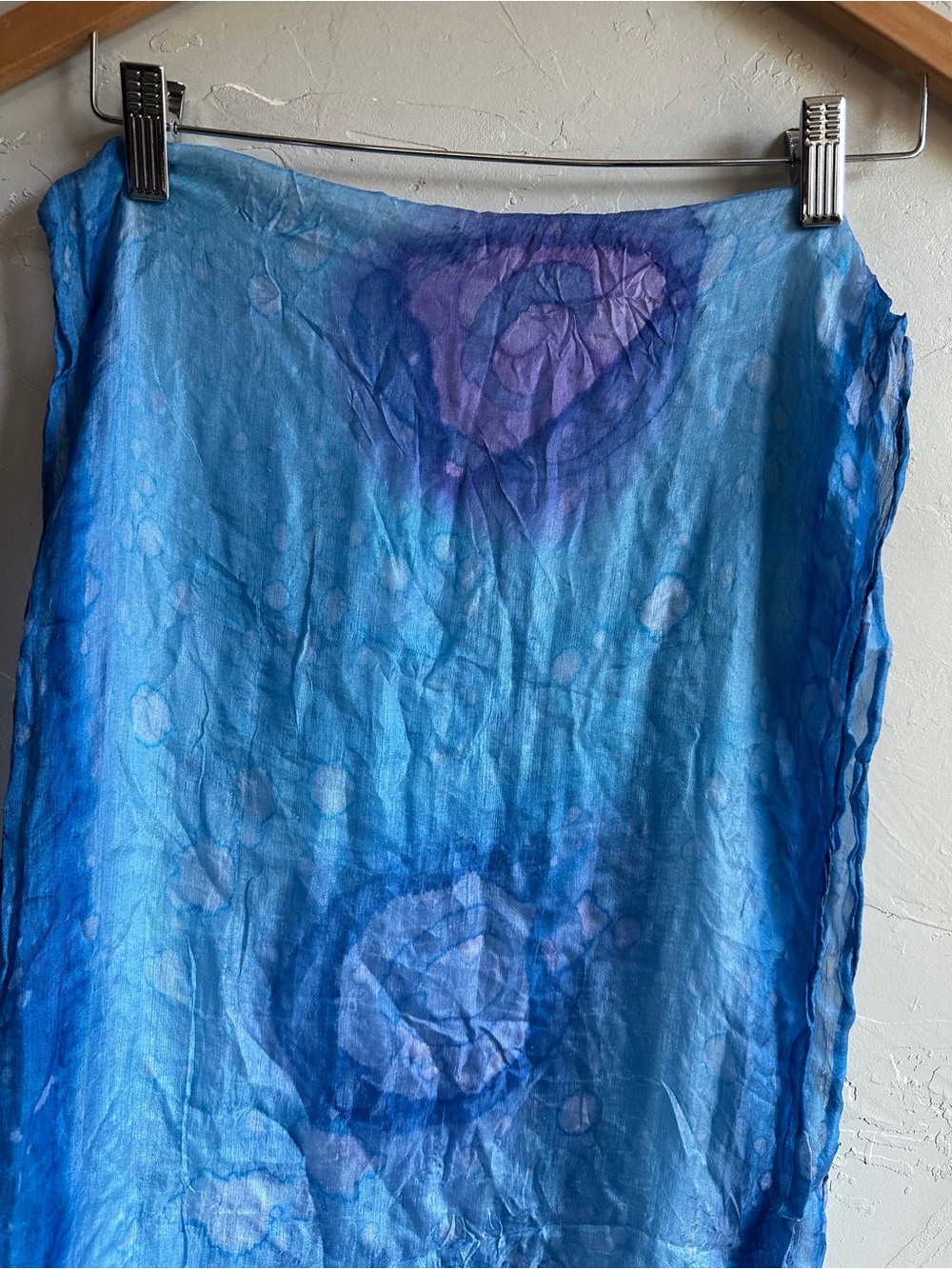 100% Pure Silk Blue Floral Scarf Sheer Boho Fairy Artsy Ethereal Wrap 64x15